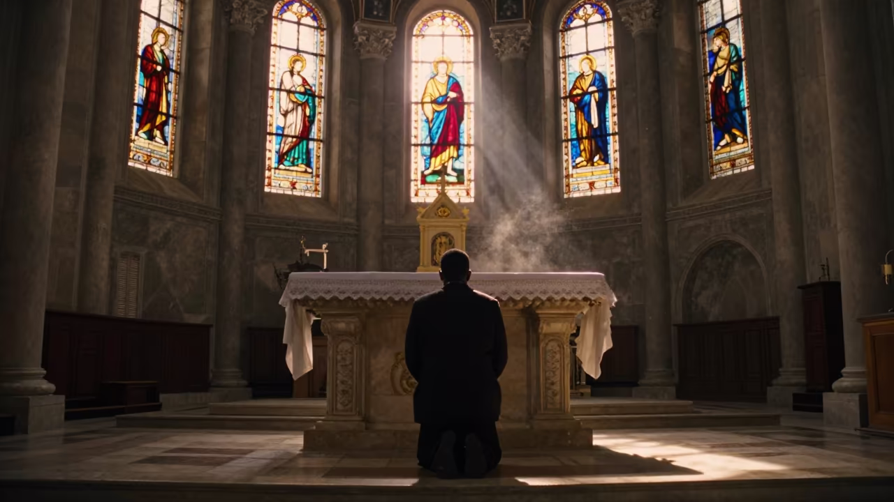 Silhouetted Figure in Stained Light Basilica Conakry in at the foot of a stone altar in Conakry