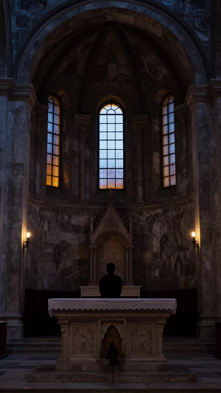 Silhouetted Figure at Stone Altar in Hsinchu Basilica in at the foot of a stone altar in Hsinchu