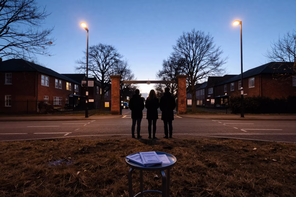 Silhouetted Figures at Belfast School Crosswalk Evening in at a crosswalk by a school gate near Belfast