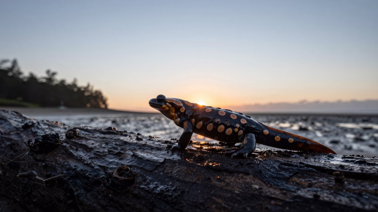 Silhouetted Fire Salamander on Wet Log in beside a tidal inlet near Desouk