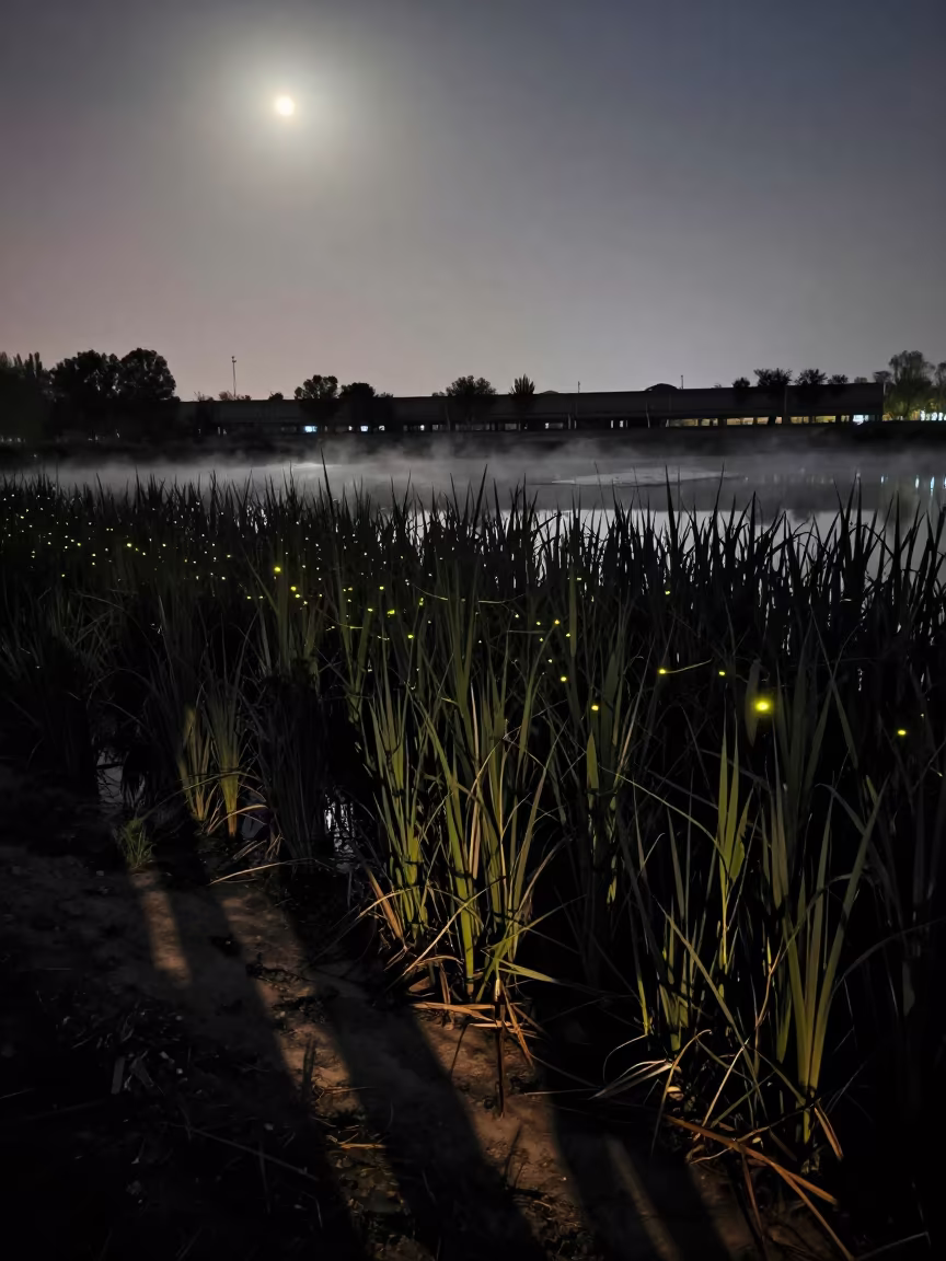 Silhouetted Fireflies Over Tianjin Pond at Dawn in from a moonlit breakwater near Tianjin