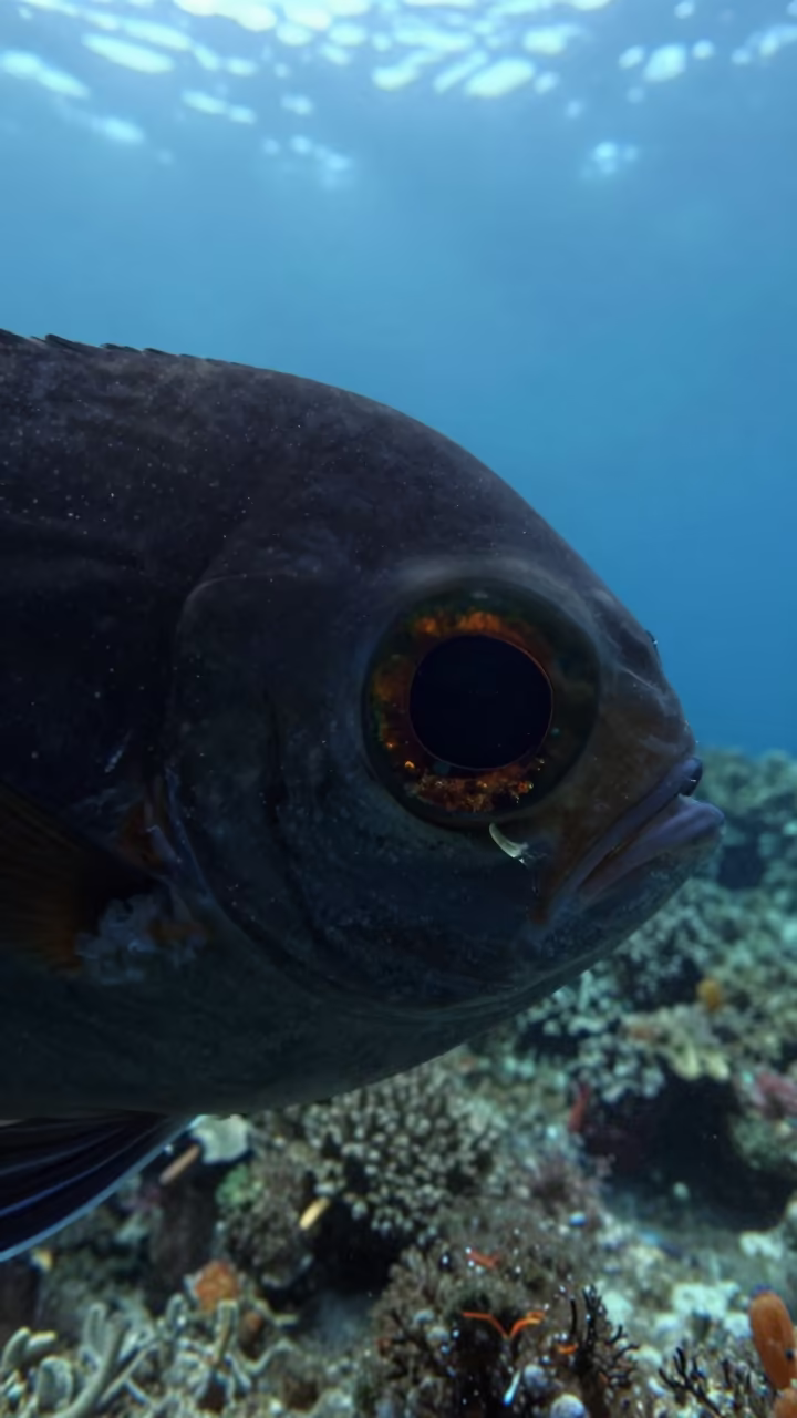 Silhouetted Fish Eye Reflecting Cebu Reef in beside a volcanic reef overhang near Cebu