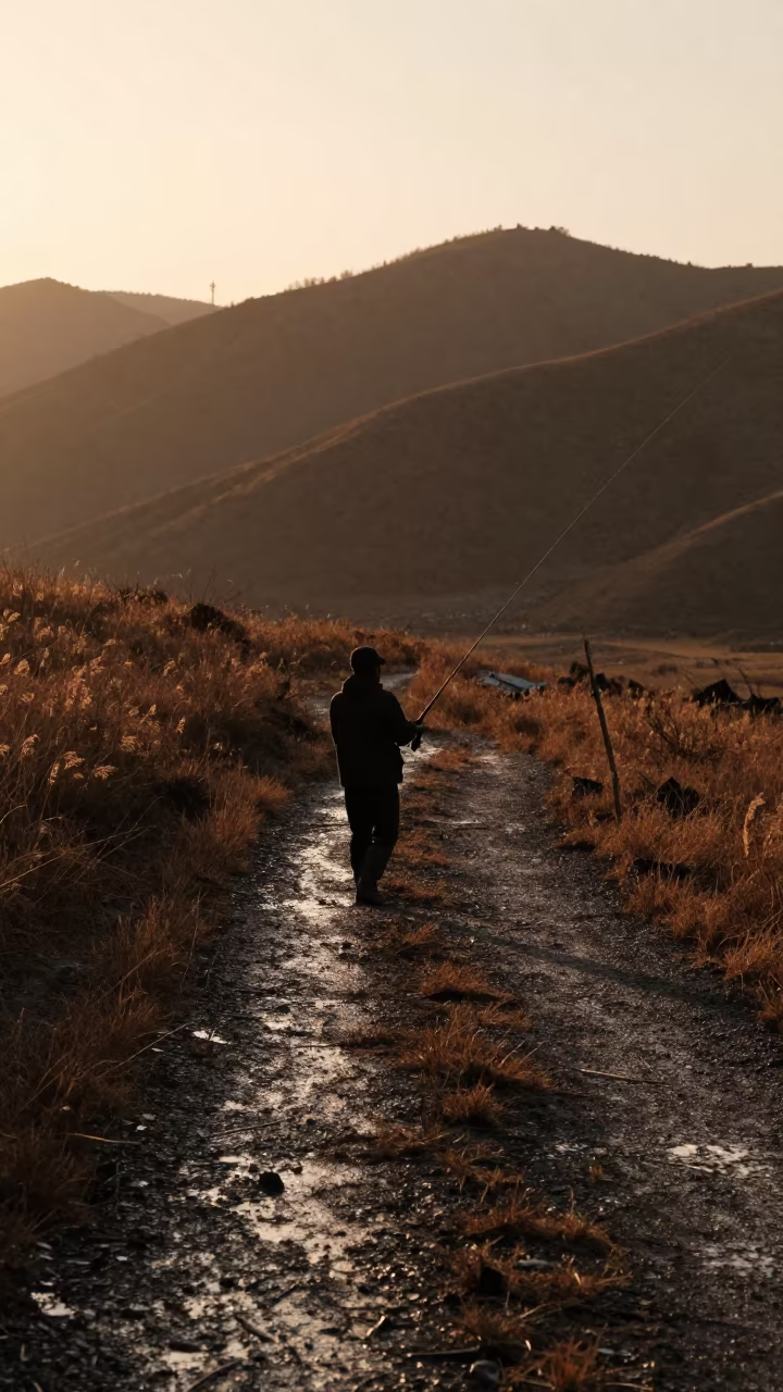 Silhouetted Fisherman Casts Line on Mountain Path in on a mountain path near Hohhot