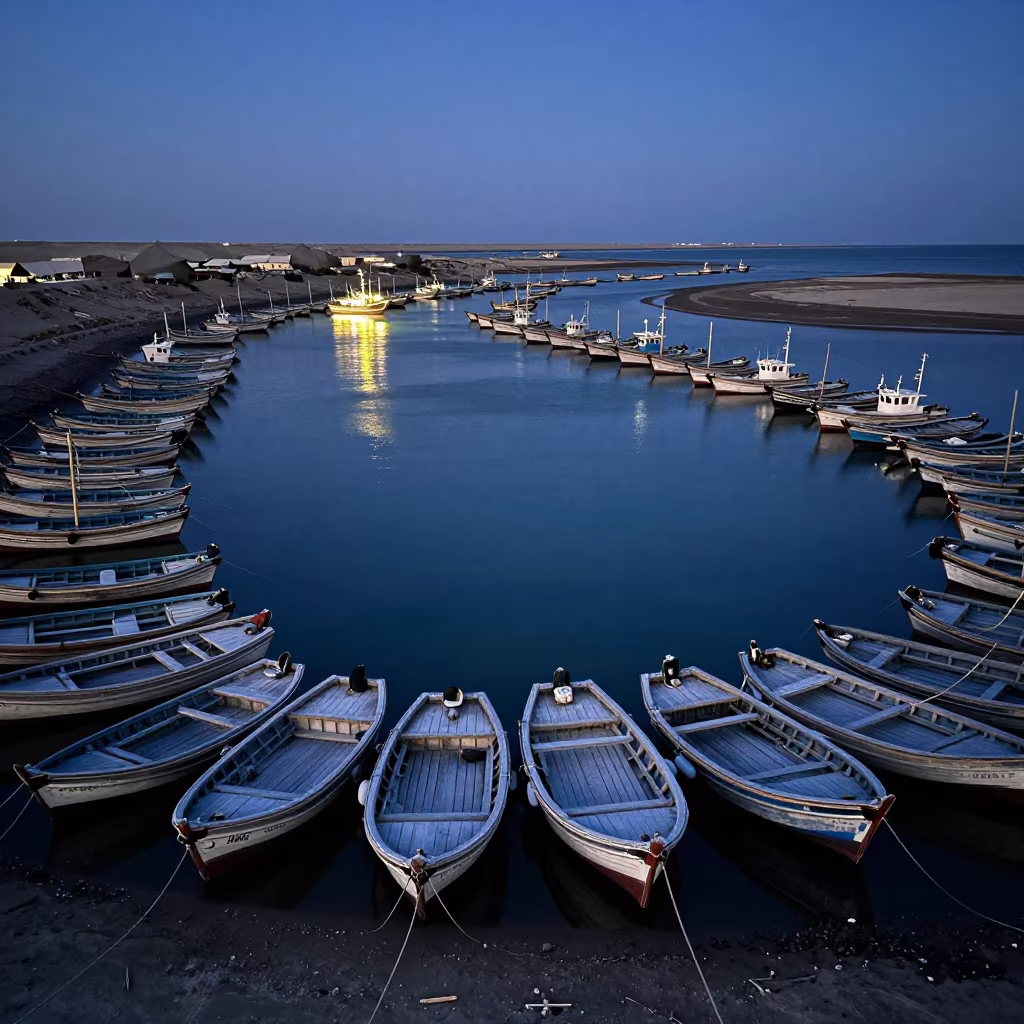 Silhouetted Fishing Boats in Indigo Saudi Twilight in across a remote ferry crossing in Saudi Arabia