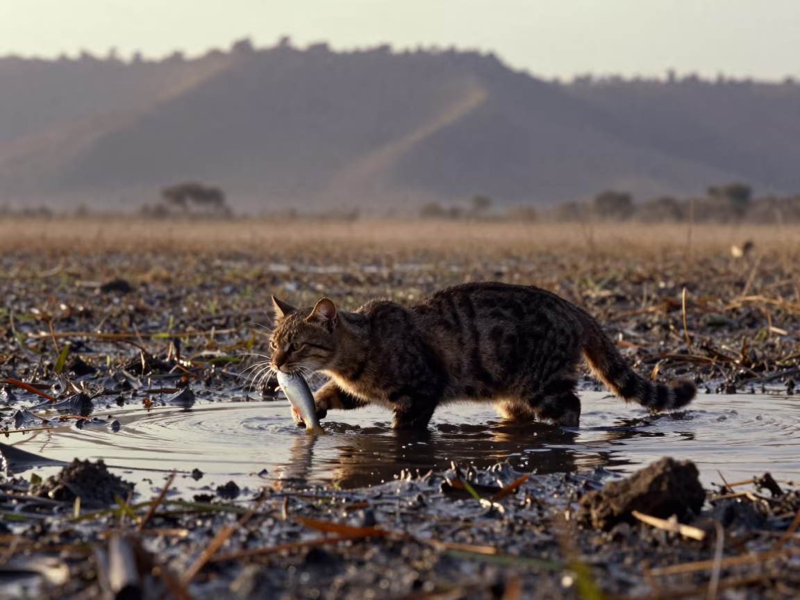Silhouetted Fishing Cat Wading Marsh Rwanda in on a wind-scoured ridge in Rwanda
