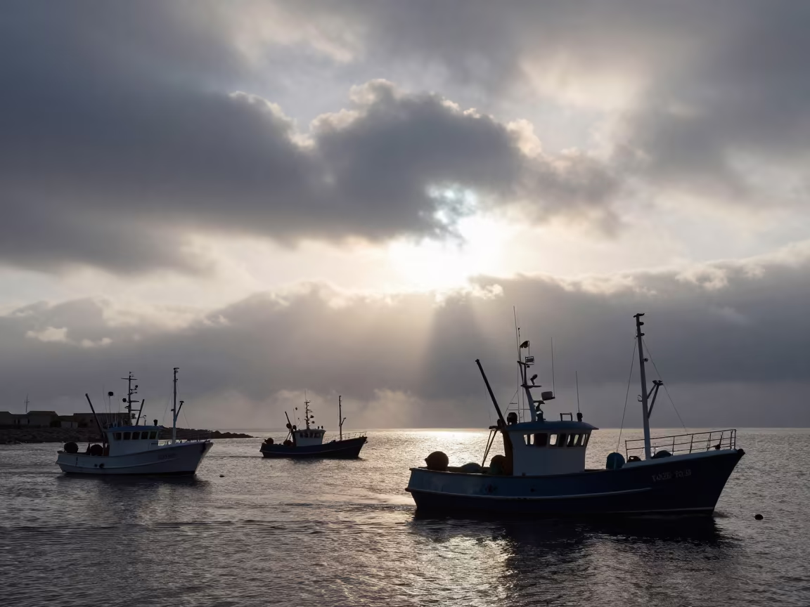 Silhouetted Fishing Fleet in Sardinian Sea Fog in beneath fast-moving cloud bands in Sardinia