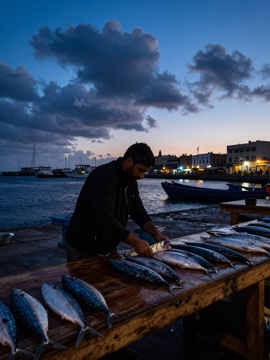 Silhouetted Fishmonger Gutting Mackerel at Essaouira Harbor in beside a fish counter in Medina, Essaouira