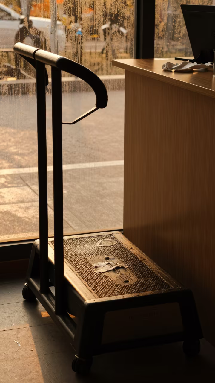 Silhouetted Fitness Cart in Golden Hour Light in at a gym check-in desk in Tongi