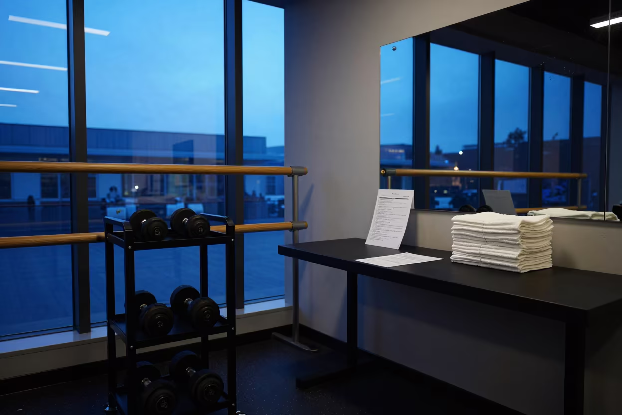 Silhouetted Fitness Cart in Harbin Gym Twilight in at a gym check-in desk in Harbin
