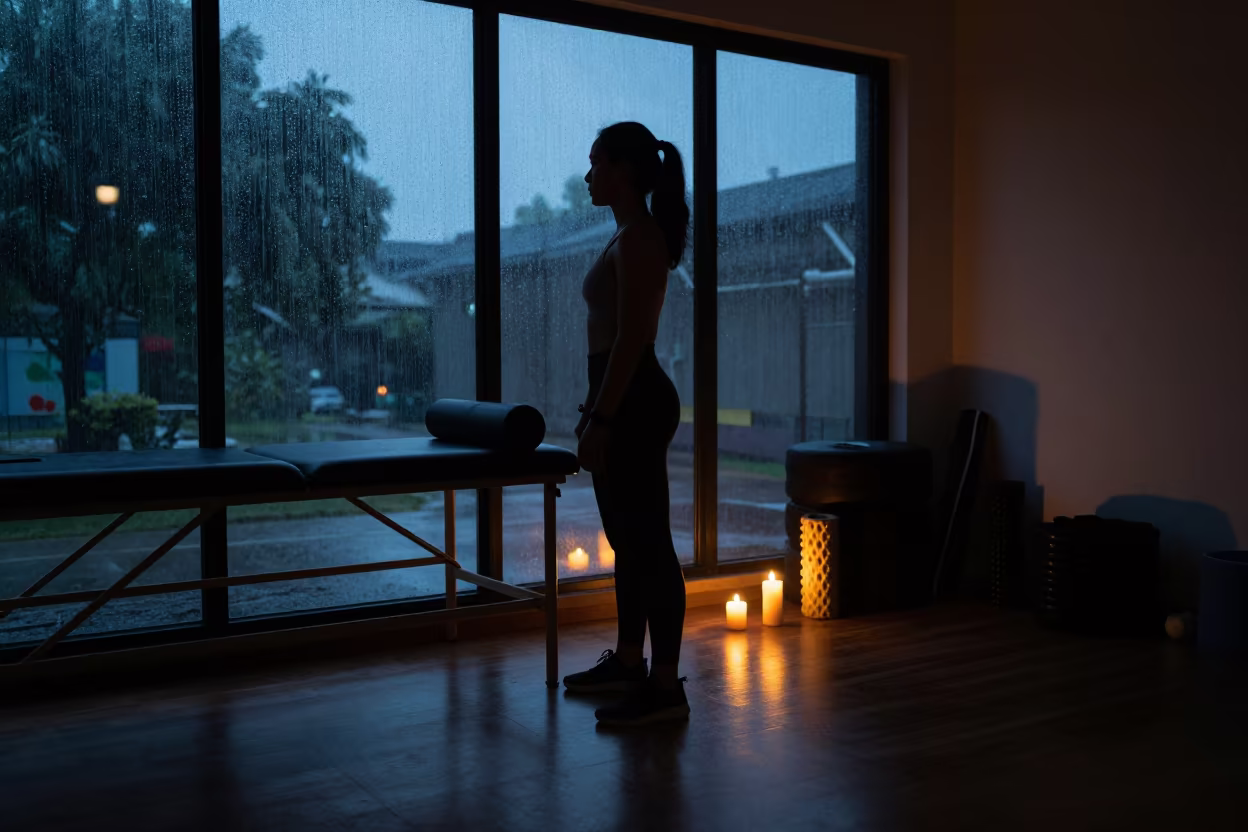 Silhouetted Fitness Member in Blue Hour Recovery Lounge in inside a recovery lounge beside foam rollers near Ipoh