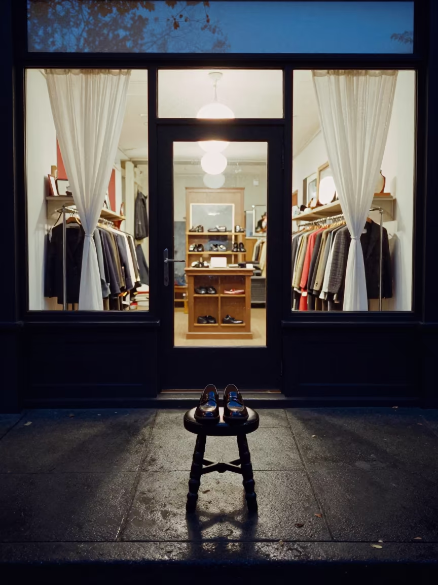 Silhouetted Fitting Stool and Loafers on Kelowna Sidewalk in on a rain-darkened city sidewalk in Kelowna