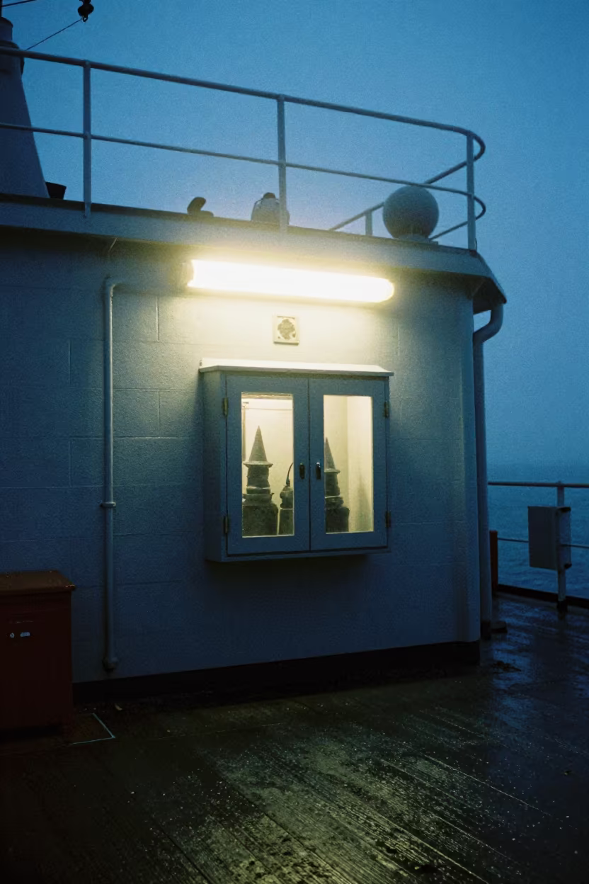 Silhouetted Flare Cabinet on Szczecin Naval Deck in on a naval deck in rough wind in Szczecin
