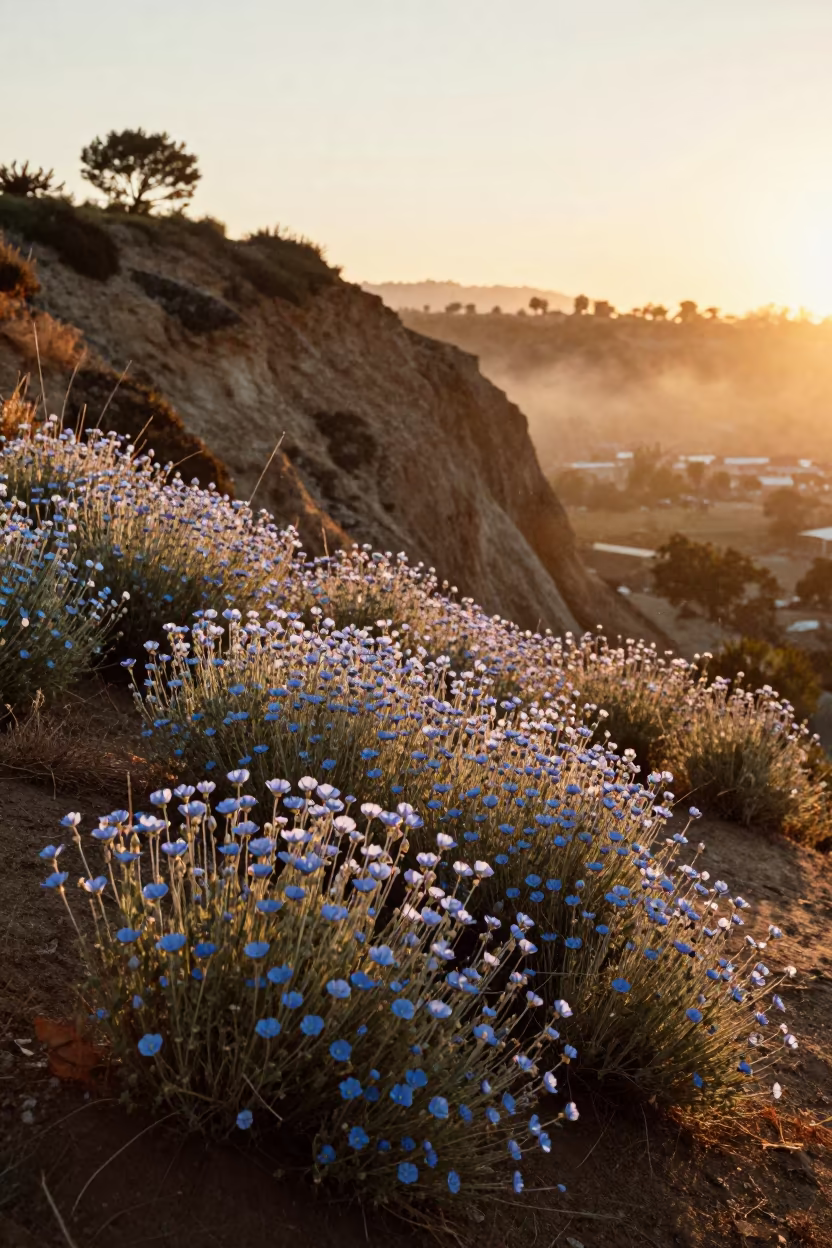 Silhouetted Flax Field at Golden Hour Cliff Edge in along a salt-sprayed cliff edge near Highland Park, Los Angeles
