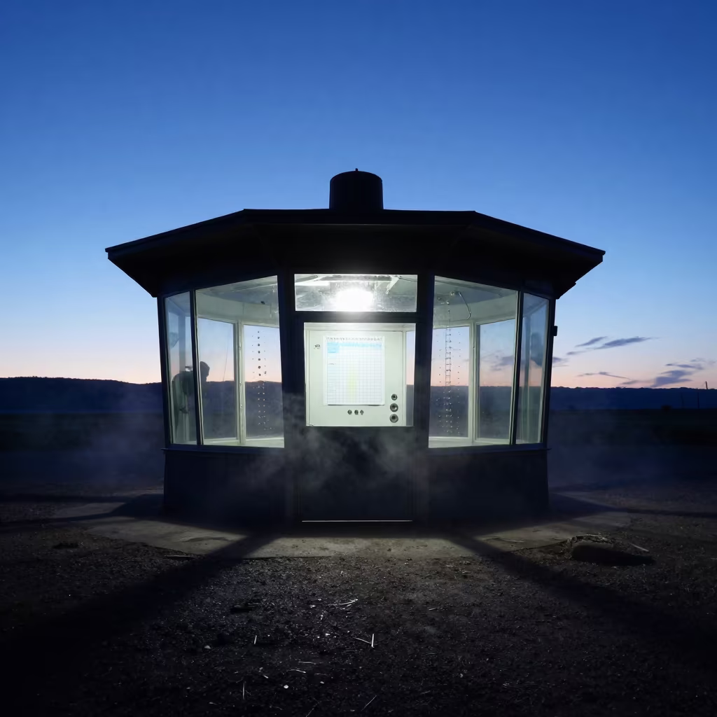 Silhouetted Flood Control Room at Blue Hour in beside a storm surge barrier in Idaho