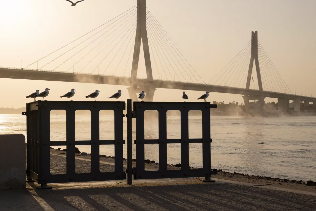 Silhouetted Flood Gate Under Bridge at Sunset in under a cable-stayed bridge span in Saudi Arabia