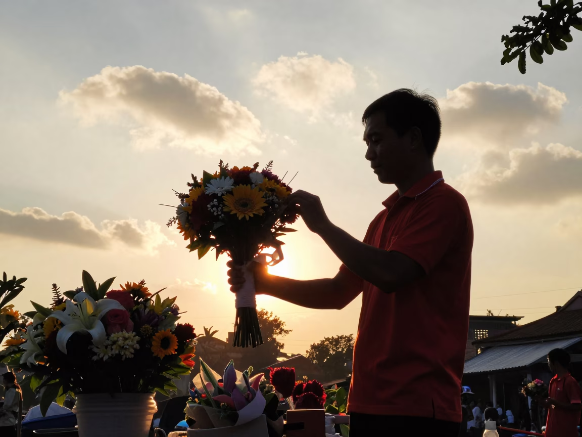 Silhouetted Florist Arranges Wedding Bouquet Hanoi in near Long Bien, Hanoi