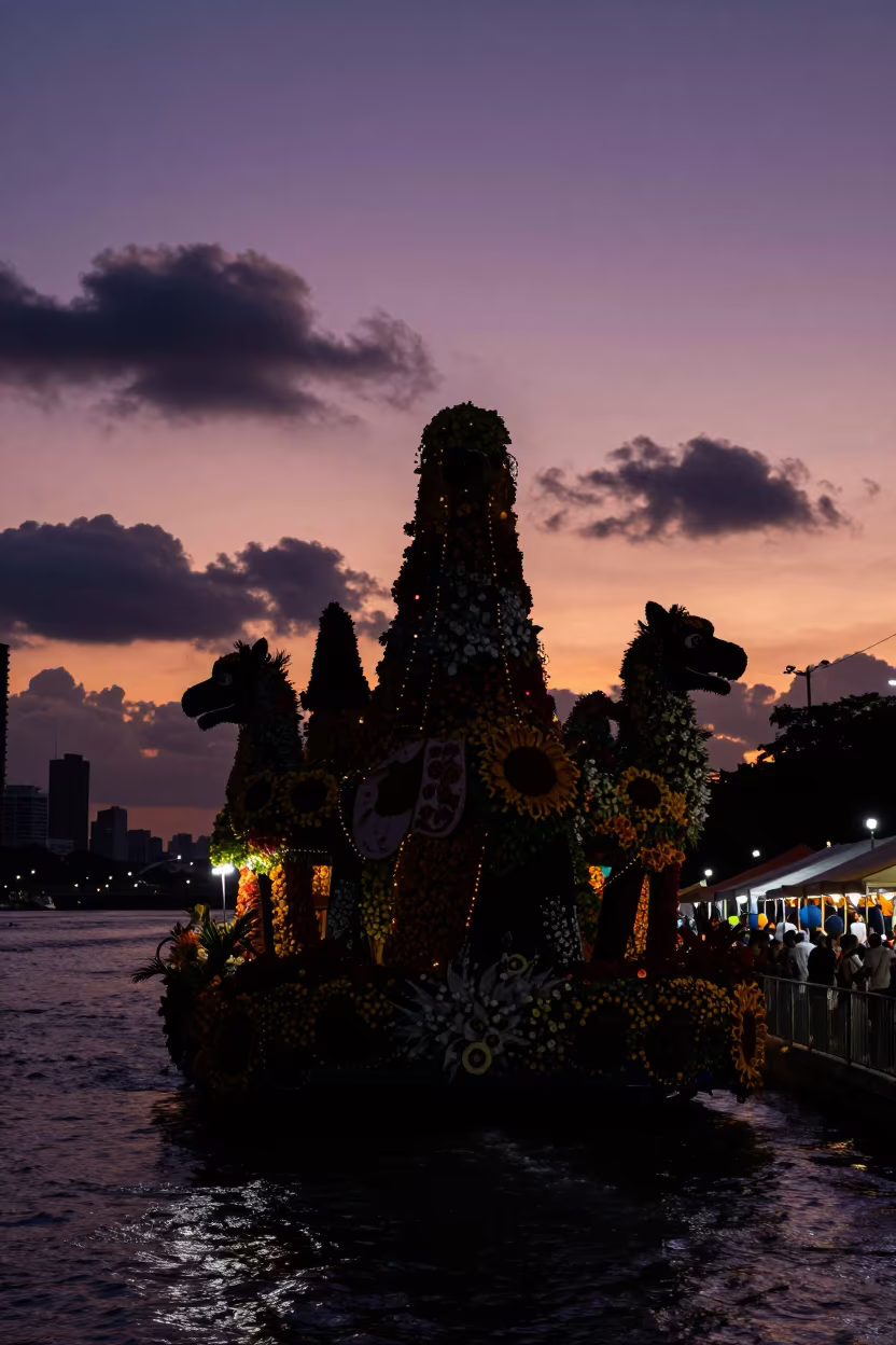 Silhouetted Flower Carnival Float at São Paulo Waterfront in at a waterfront celebration in São Paulo