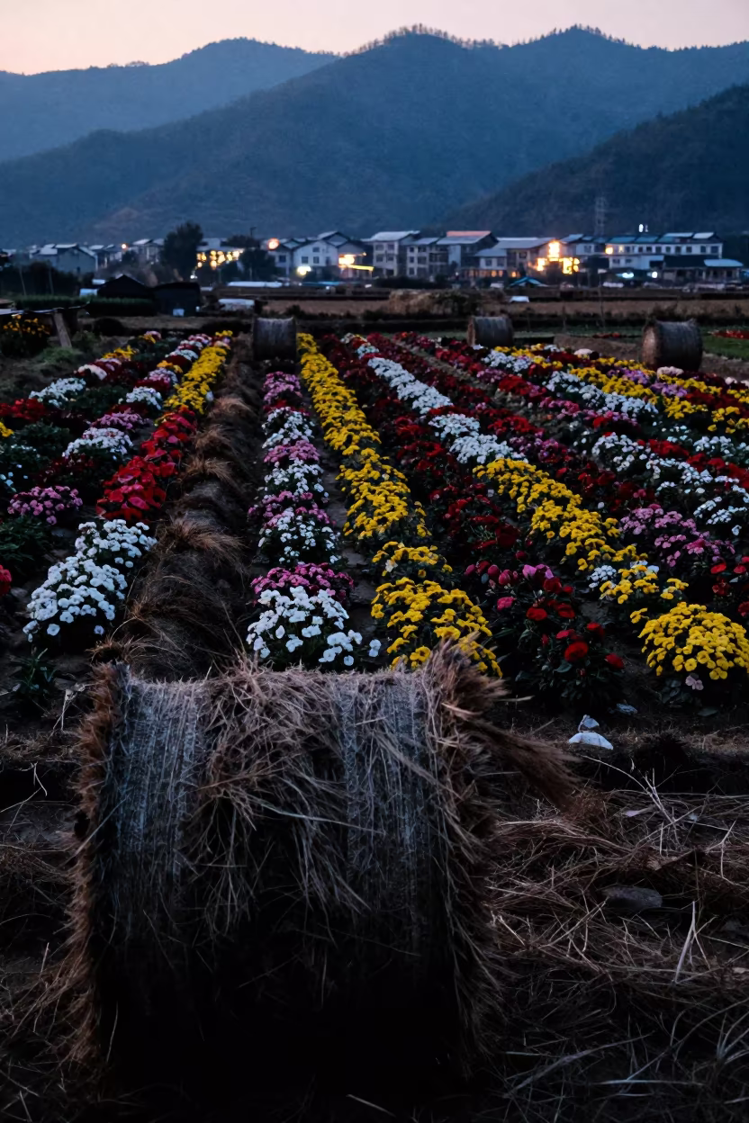 Silhouetted Flower Farms Near Zhangjiajie at Dusk in beside stacked hay bales near Zhangjiajie