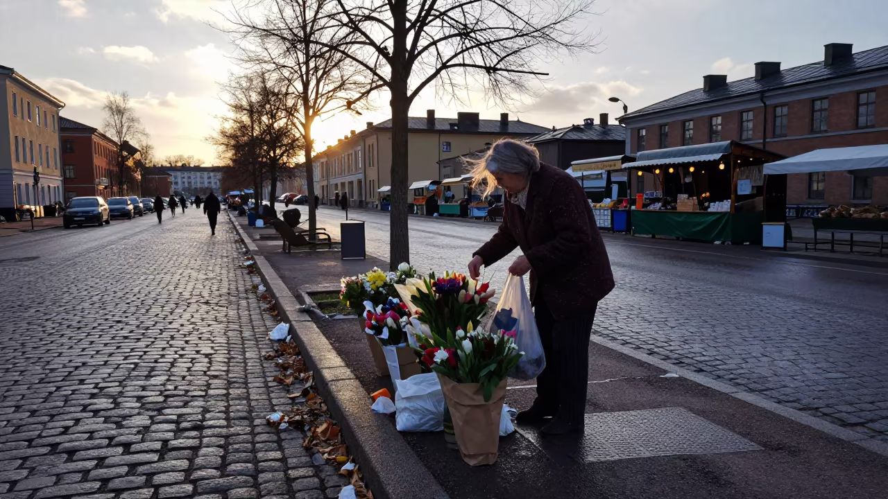 Silhouetted Flower Vendor in Rainy Turku in along a market-lined side street in Turku
