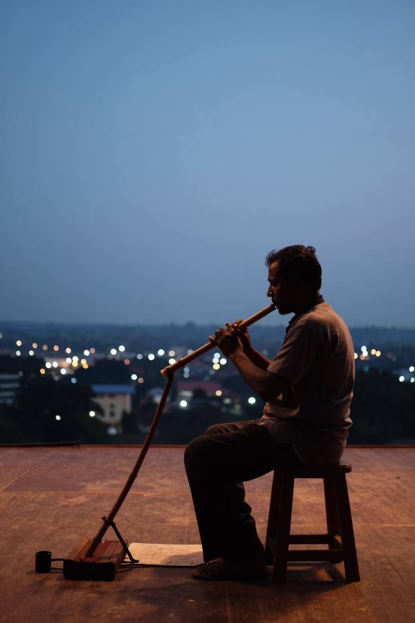 Silhouetted Flute Maker on Stage at Dusk in on a theater stage in Mount Lavinia, Colombo
