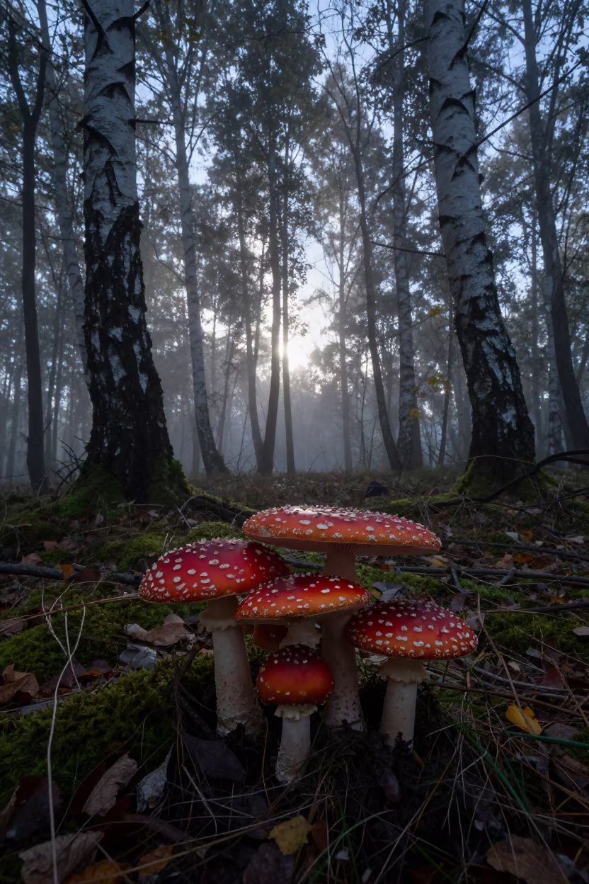 Silhouetted Fly Agaric Mushrooms Twilight Forest in in a bloom-heavy meadow near Beira