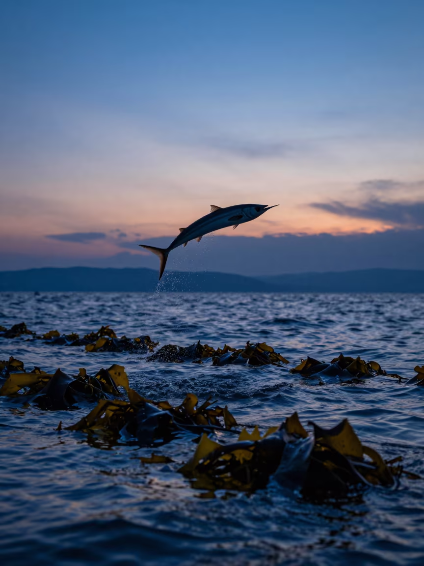Silhouetted Flying Fish Over Kelp Shelf at Twilight in along a kelp-fringed shelf near Fukuoka