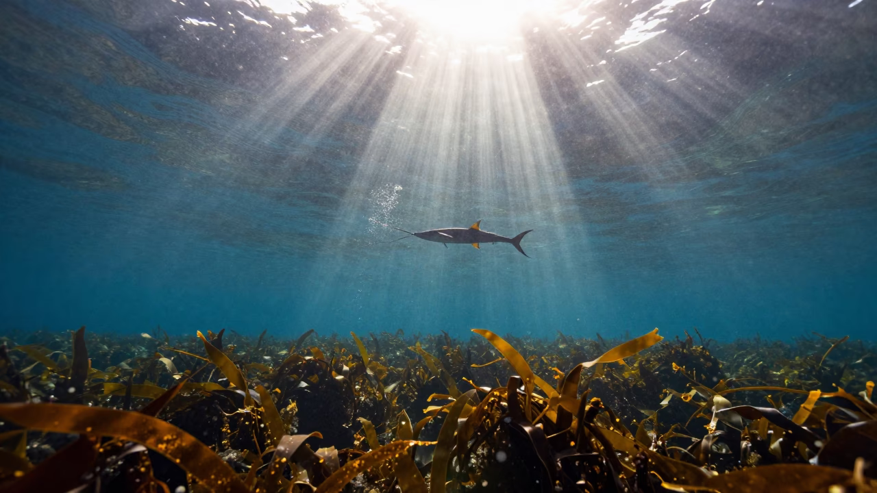Silhouetted Flying Fish Gliding Over Portuguese Kelp in along a kelp-fringed shelf in Portugal