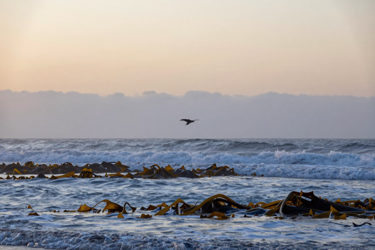 Silhouetted Flying Fish Over Winter Kelp Waves in along a kelp-fringed shelf near Durban