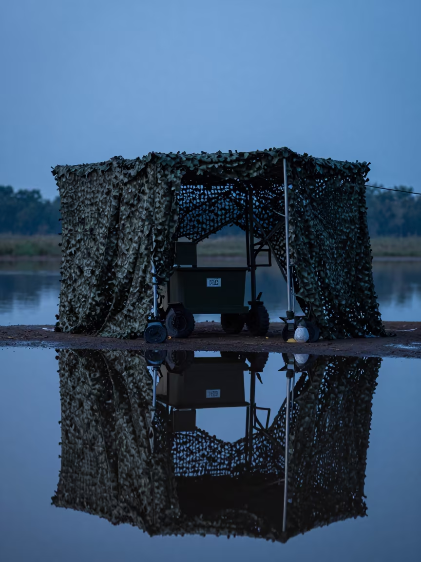 Silhouetted FOD Cart Reflecting on Water Floor in beneath a camouflage net shelter in Chiang Mai