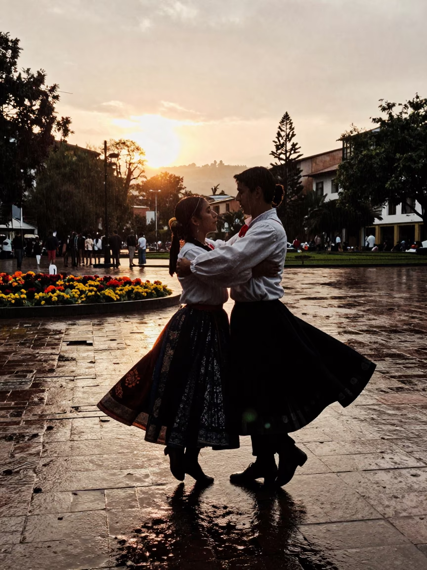 Silhouetted Folk Costume by Bogota River Flowers in at a public square during a festival in Chapinero, Bogota