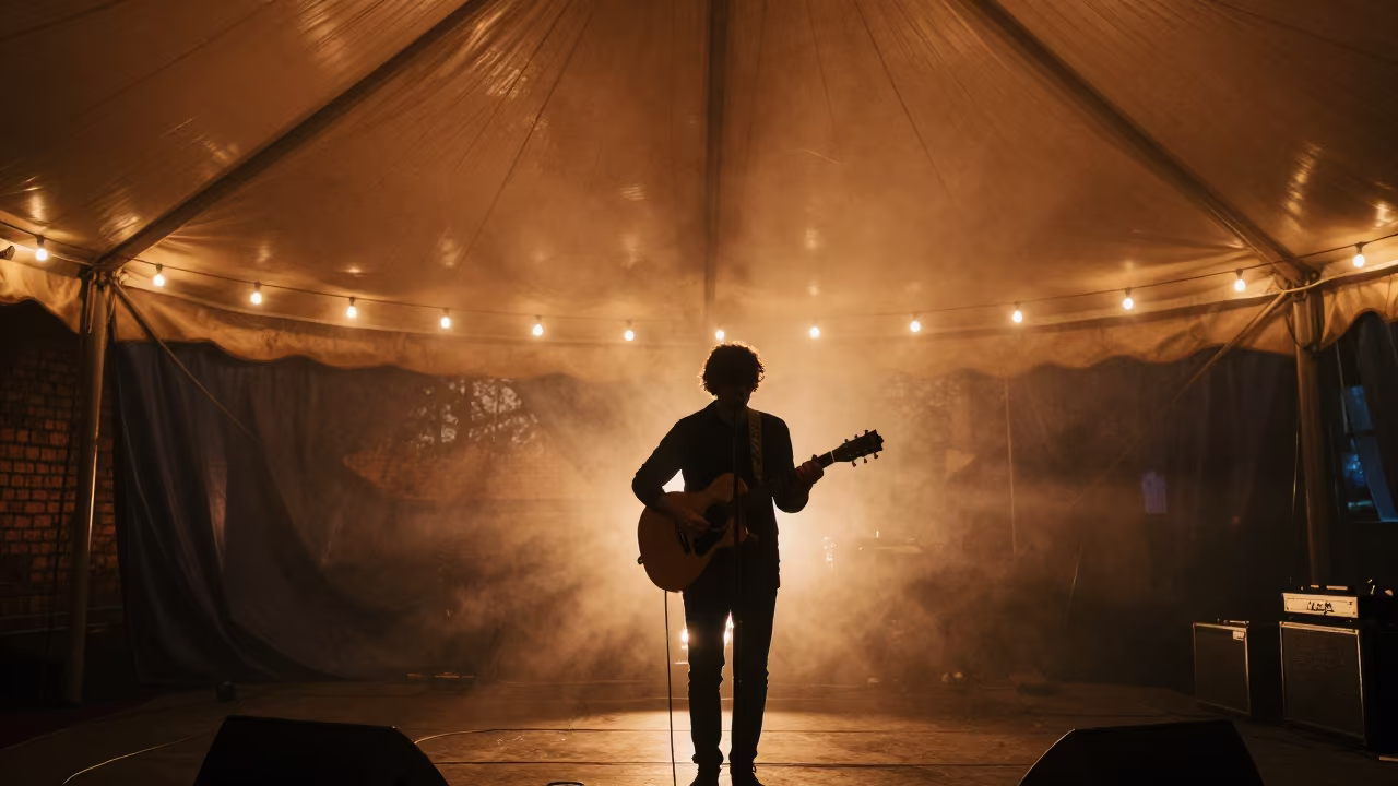 Silhouetted Folk Singer Under Circus Tent Lights in under a circus tent in Nowa Huta, Krakow
