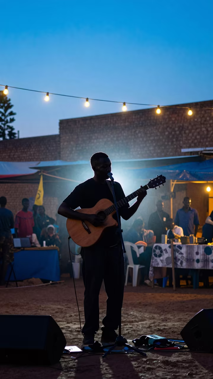 Silhouetted Folk Singer at Masvingo Harvest Festival in at a street corner busking spot in Masvingo