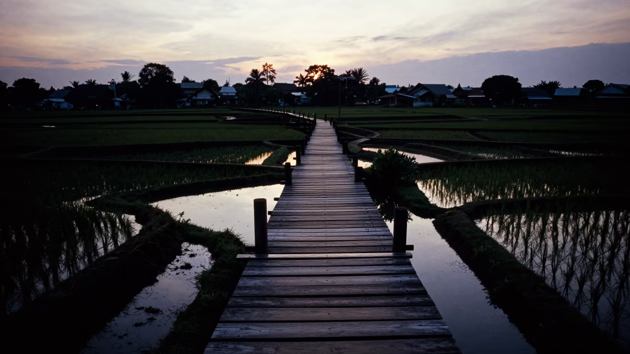 Silhouetted Footbridge Over Rain-Soaked Rice Paddies in among terraced rice paddies in Chinatown, Bangkok