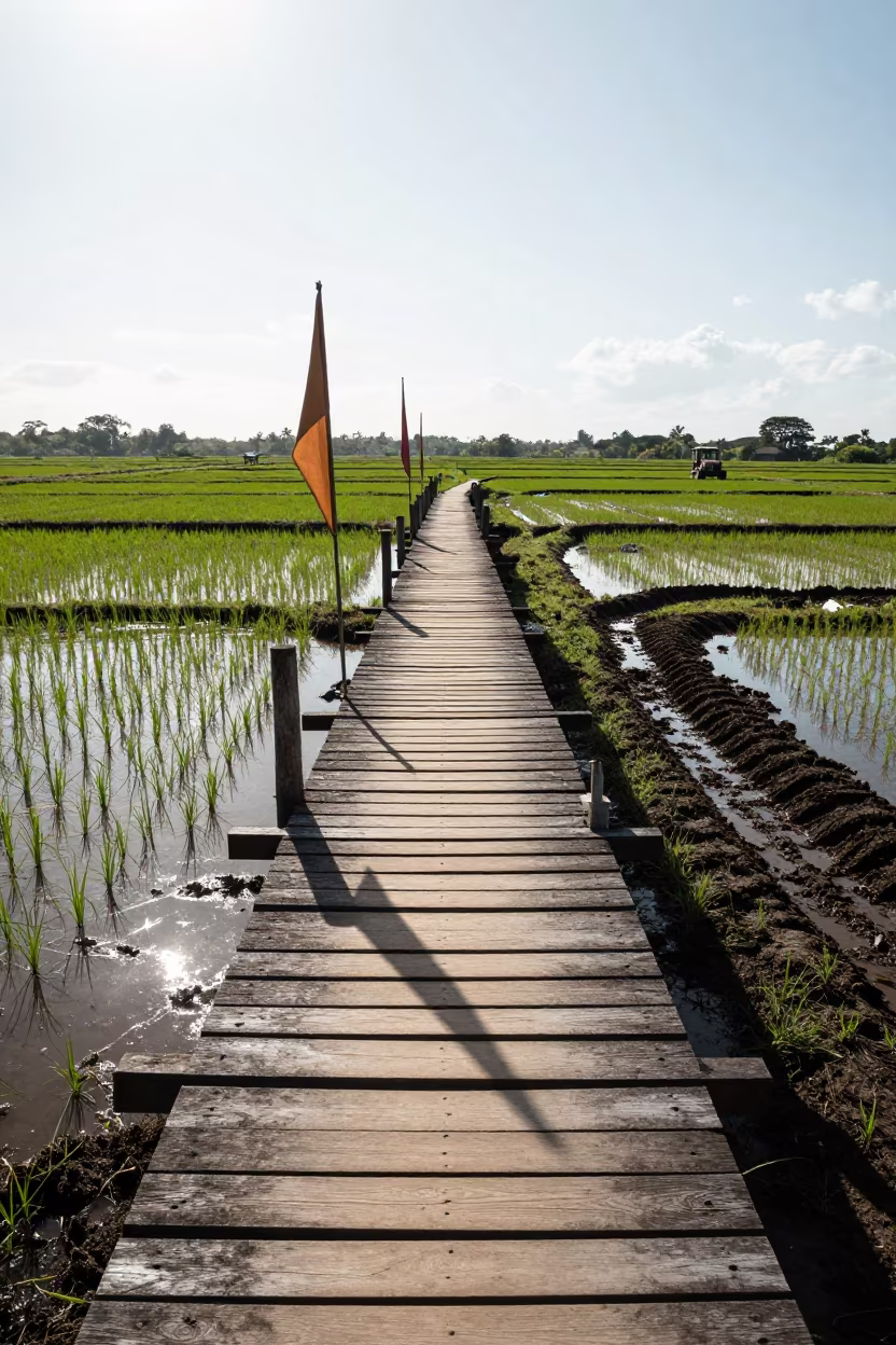 Silhouetted Footbridge Over Wet Rice Seedlings in beside a tractor track through dark soil near Salvador