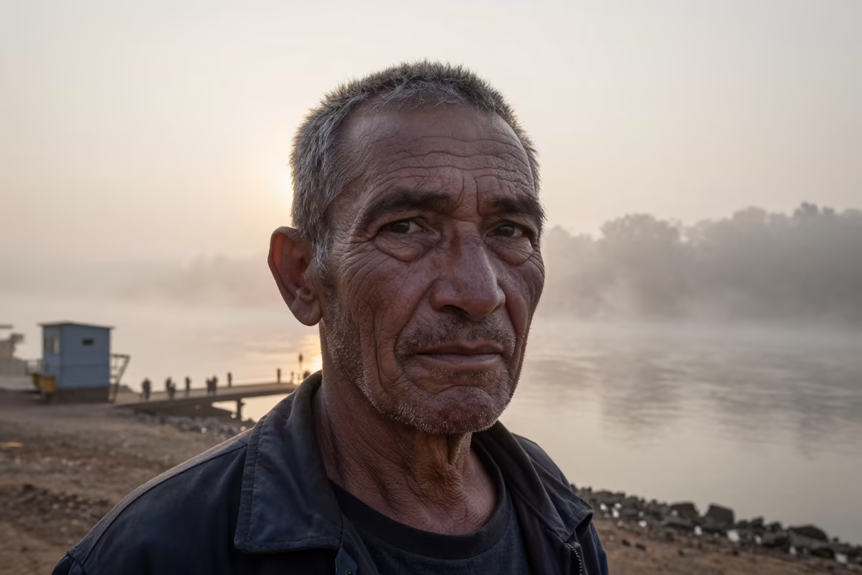 Silhouetted Foreman in Misty Evening Light in near a riverside landing in Mbarara