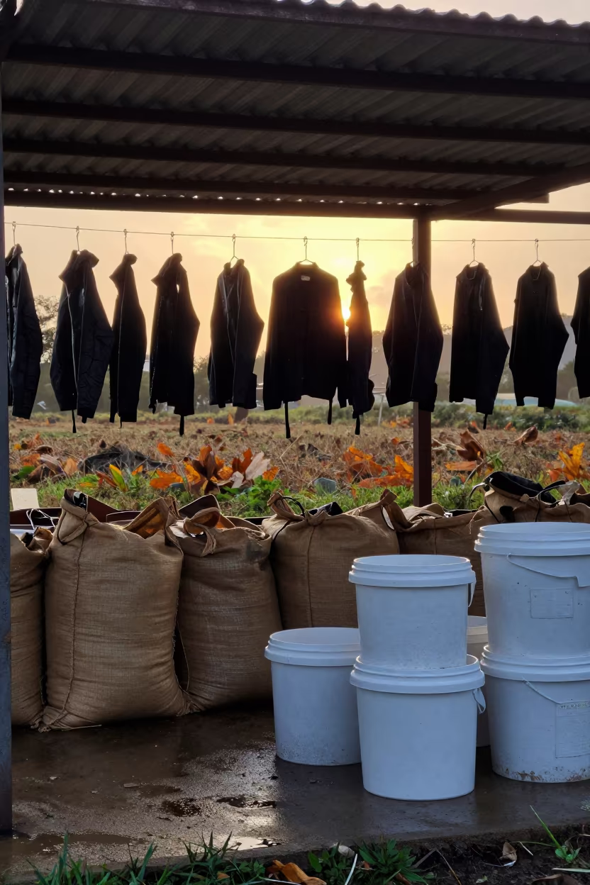 Silhouetted Fossil Jacket Drying in Portugal in at a remote field station in Portugal