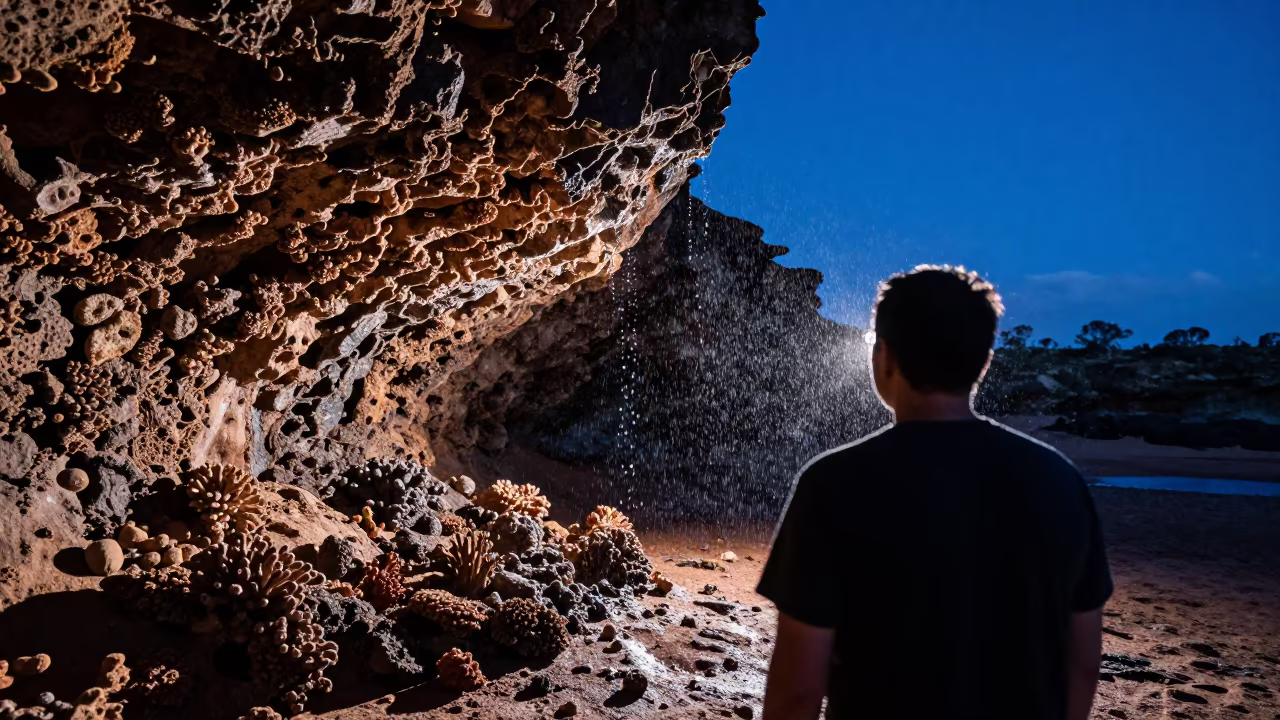 Silhouetted Fossil Reef in Wet Season Canyon in beside a volcanic reef overhang near Cairns