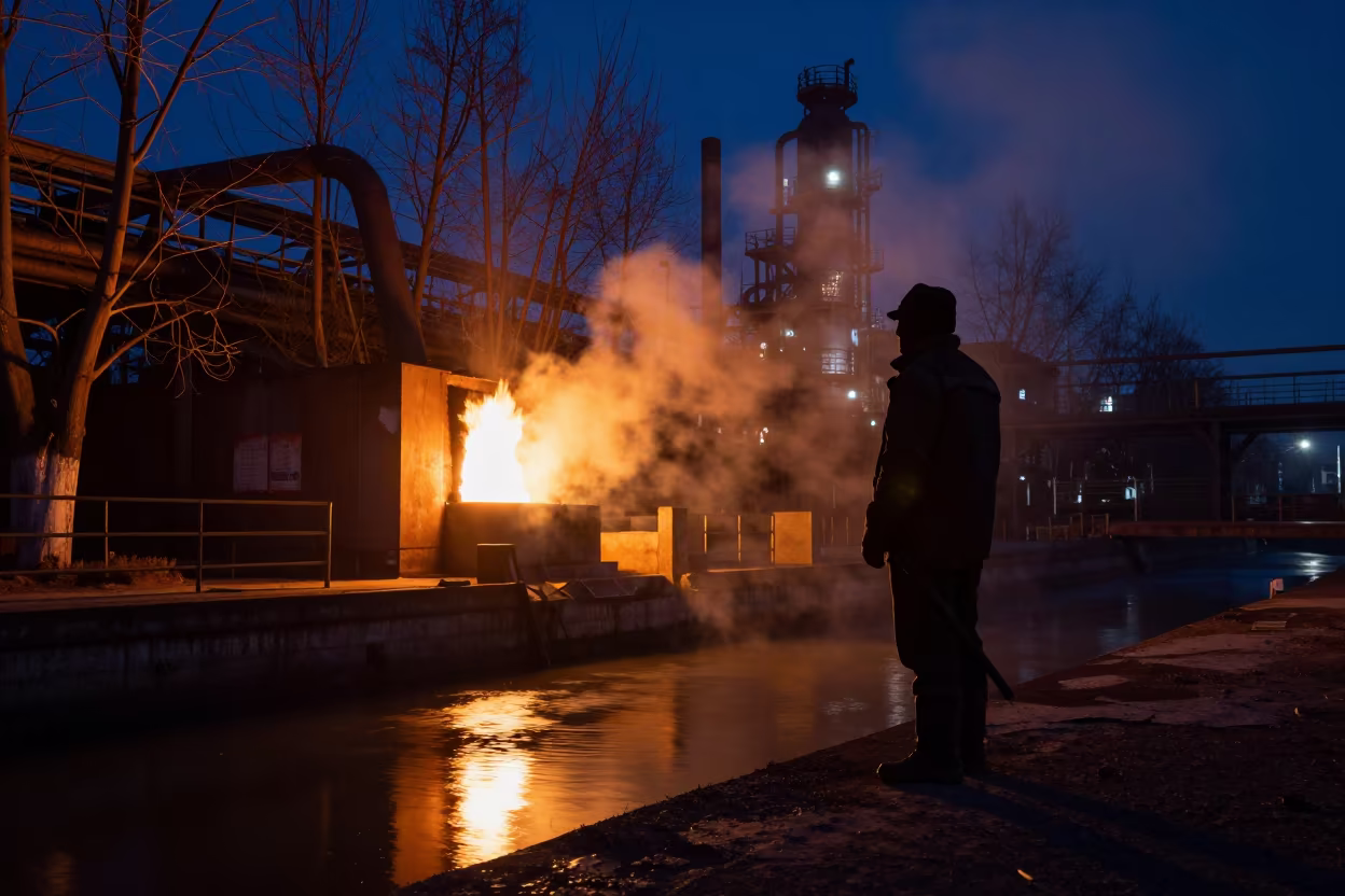 Silhouetted Foundry Worker by Canal in Kunming in beside a canal in Kunming