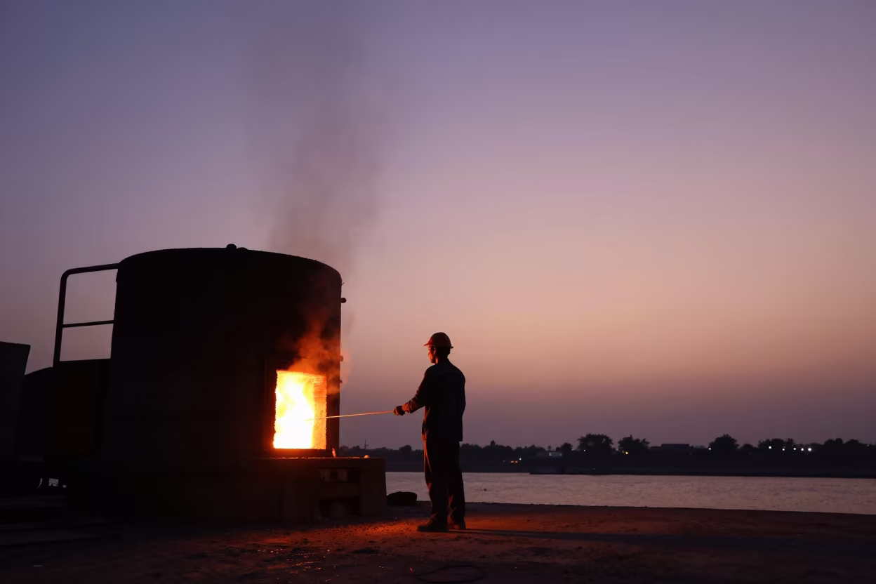 Silhouetted Foundry Worker at Lahore Harbor Twilight in at a harbor edge in Lahore