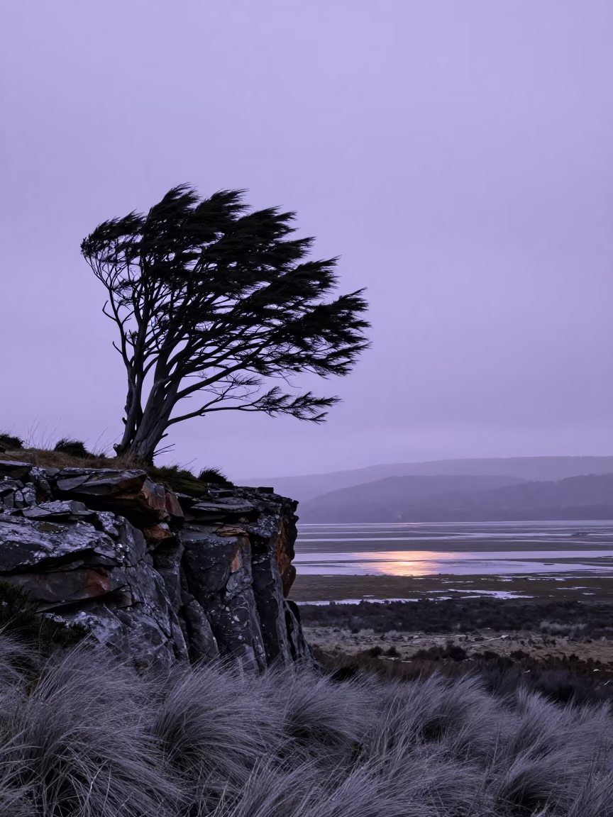 Silhouetted Frankincense Tree on Patagonian Cliff at Twilight in across a floodplain after rain in Patagonia