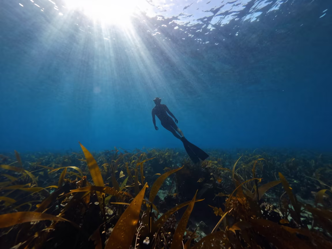 Silhouetted Freediver in Sardinian Blue Hole in along a kelp-fringed shelf in Sardinia