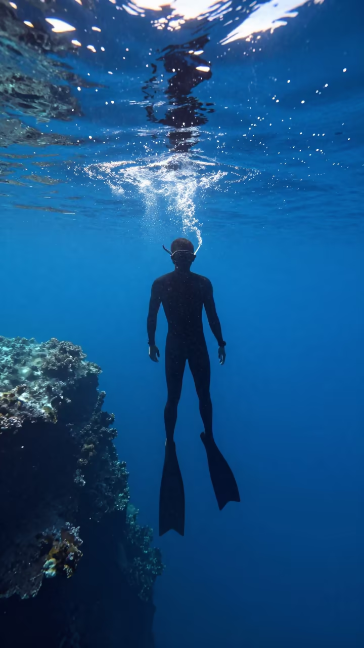 Silhouetted Freediver Sun Rays Blue Hole California in beside a volcanic drop-off in California