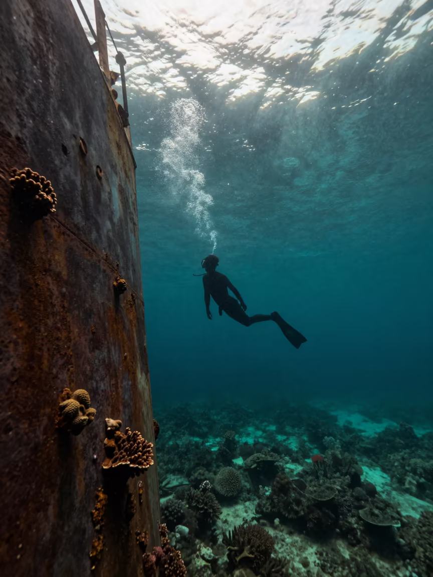 Silhouetted Freediver on Sunken Shipwreck in beside a reef crevice under clear water near Denpasar