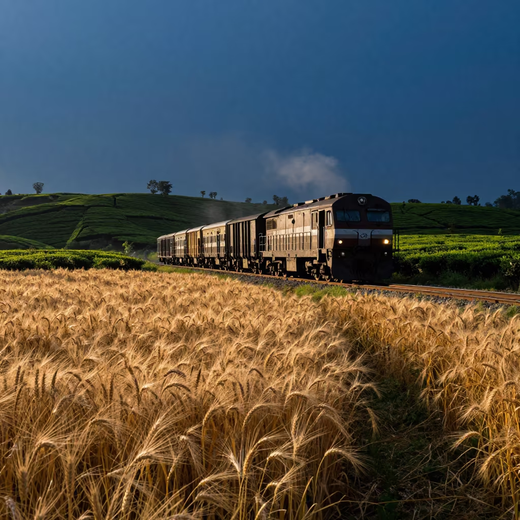 Silhouetted Freight Train Through Autumn Wheat Field Nepal in at the edge of a tea plantation in Nepal
