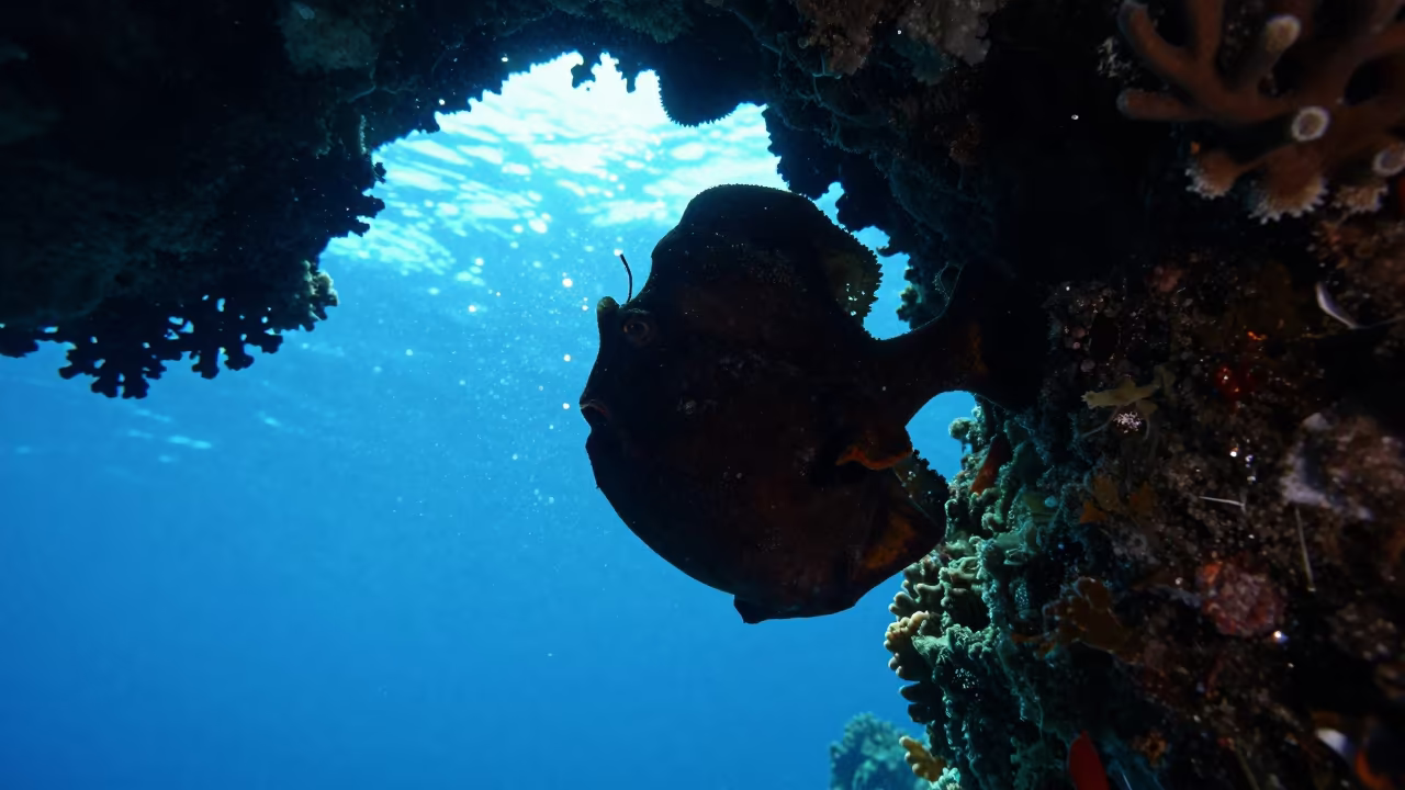 Silhouetted Frogfish in Tidal Cave with Glittering Particles in along a coral wall with blue water beyond near Cebu