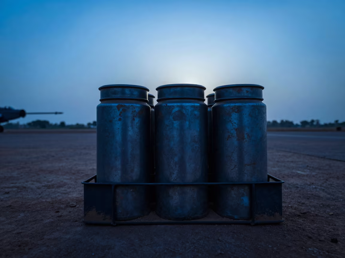 Silhouetted Fuel Jar Caddy on Niger Airbase in along an airbase flight line in Niger