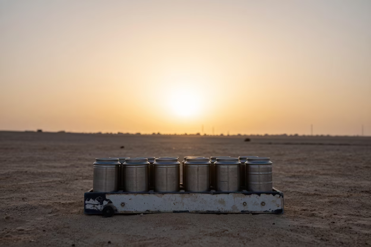 Silhouetted Fuel Sample Caddy in Jeddah Sunset in beside a convoy halt on open ground in Jeddah