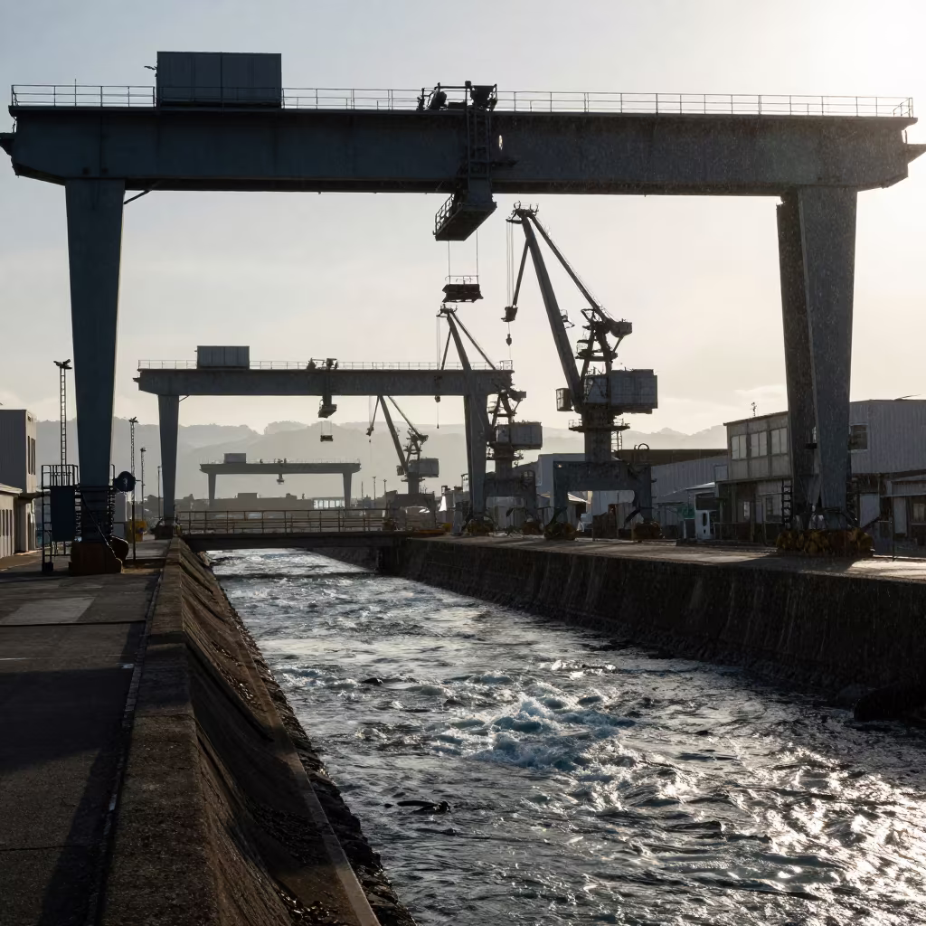 Silhouetted Gantry Crane Over Glacial Stream Japan in above a glacial stream in Japan