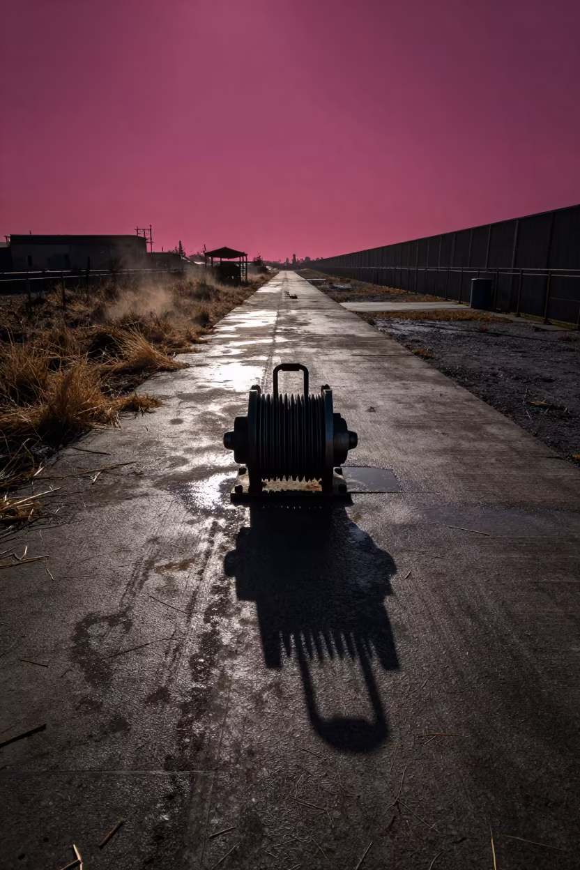 Silhouetted Gasket Tin Against Magenta Sky in at a stockyard loading ramp in Liguria