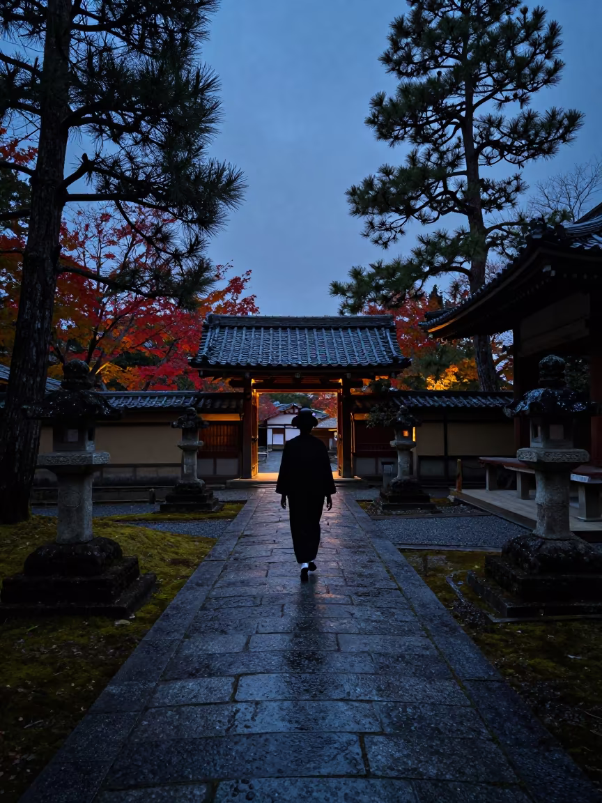 Silhouetted Geisha in Kyoto Temple Twilight in in a temple courtyard near Tokyo